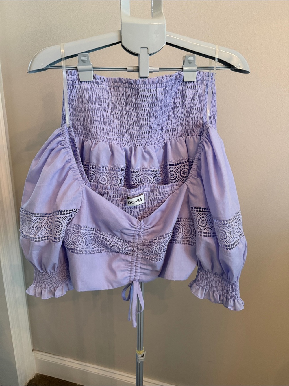 DO+BE Lavender Off-Shoulder Lace-Insert Crop Top & Skirt